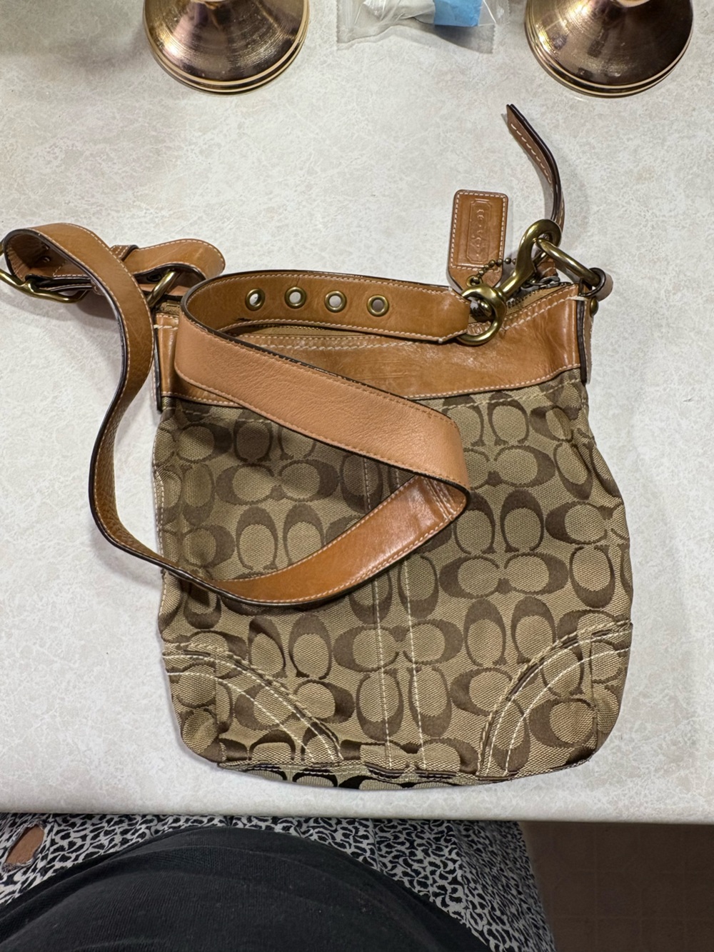 Coach Tan and Brown Signature Canvas Shoulder Bag